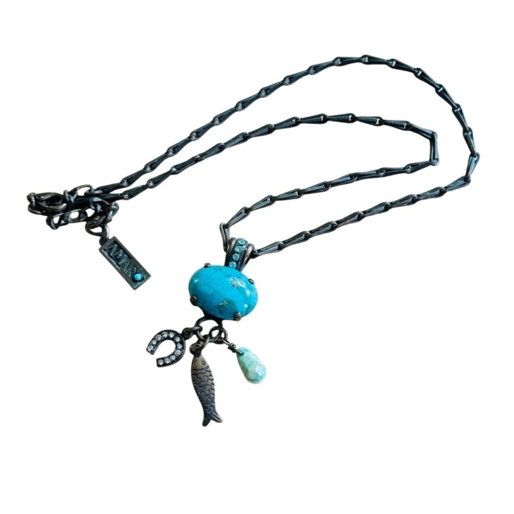 Amaro Lucky HorseShoe‎ Turquoise Necklace Fish Charm Rhinestone BOHO Bronze 18"